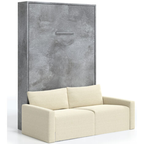 Lit escamotable vertical avec canapé tissu VALENCIA Naturel Matelas mousse 18 cm-Avec matelas-90x190-Canapé Naturel-Structure Gris ciment (1/5)