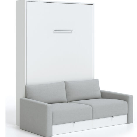 Lit escamotable vertical à tiroirs et canapé tissu VALENCIA Gris clair Sans matelas-140x190-Canapé Gris clair-Structure Blanche (1/5)