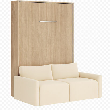 Lit escamotable vertical avec canapé tissu VALENCIA Sans matelas Naturel-160x200-Canapé Naturel-Structure Chêne clair (1/5)