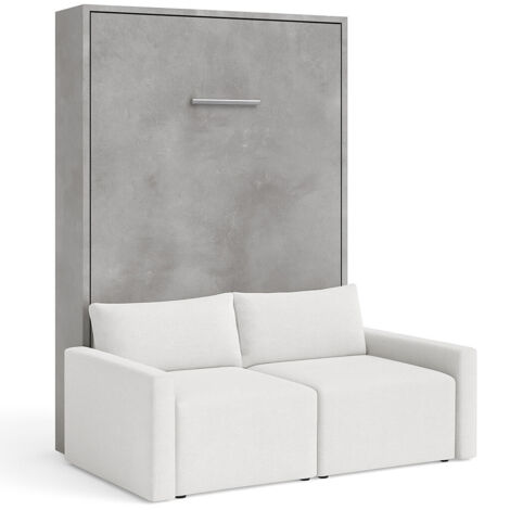 Lit escamotable vertical avec canapé tissu VALENCIA Sans matelas Gris clair-140x190-Canapé Gris clair-Structure Gris ciment (1/5)