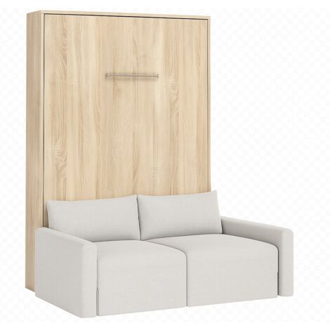 Lit escamotable vertical avec canapé tissu VALENCIA Sans matelas Beige-90x190-Canapé Beige-Structure Chêne clair (1/5)