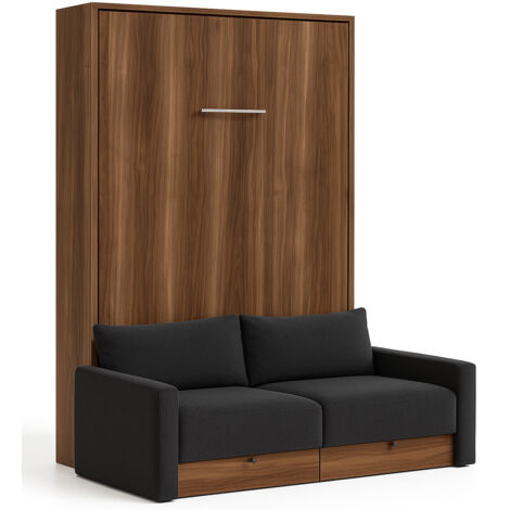 Lit escamotable vertical à tiroirs et canapé tissu VALENCIA Sans matelas Gris foncé-140x190-Canapé Gris foncé-Structure Noyer (1/5)