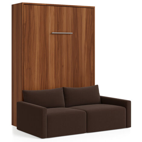 Lit escamotable vertical avec canapé tissu VALENCIA Marron Matelas mousse 18 cm-Avec matelas-140x190-Canapé Marron-Structure Noyer (1/5)