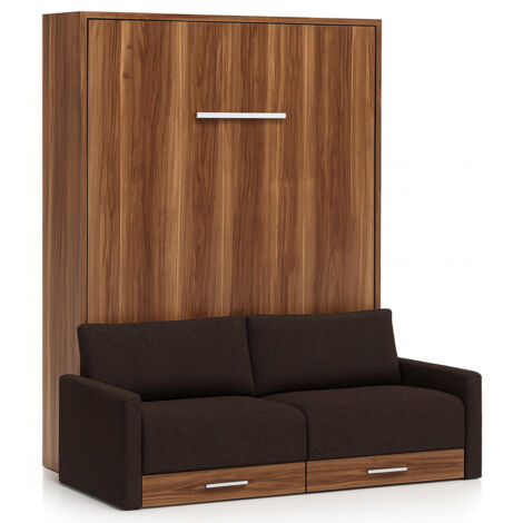 Lit escamotable vertical à tiroirs et canapé tissu VALENCIA Marron Matelas mousse 18 cm-Avec matelas-140x190-Canapé Marron-Structure Noyer (1/5)