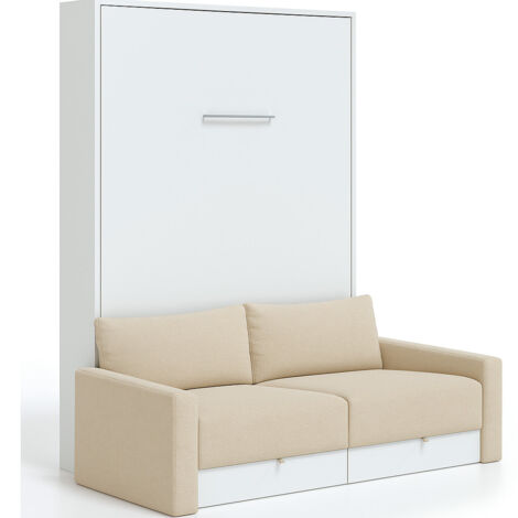 Lit escamotable vertical à tiroirs et canapé tissu VALENCIA Matelas mousse 18 cm Beige-Avec matelas-140x190-Canapé Beige-Structure Blanche (1/5)