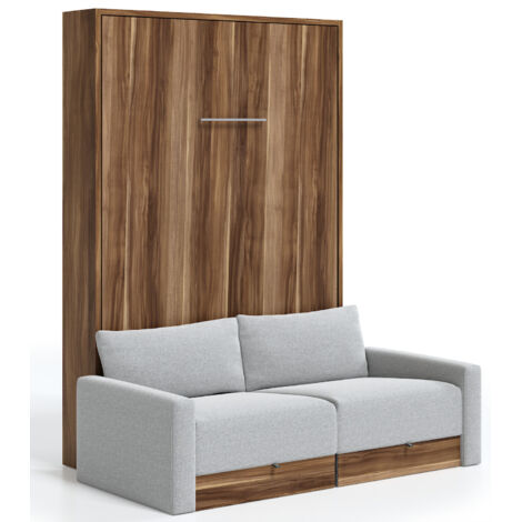 Lit escamotable vertical à tiroirs et canapé tissu VALENCIA Sans matelas Gris clair-80x180-Canapé Gris clair-Structure Noyer (1/5)