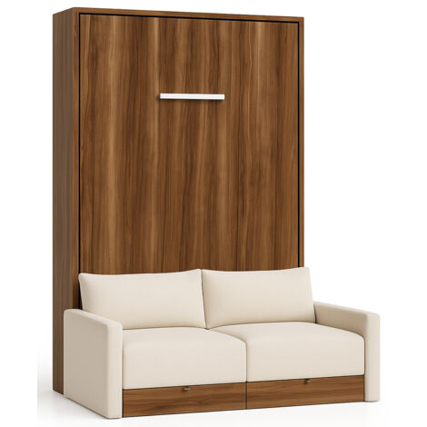 Lit escamotable vertical à tiroirs et canapé tissu VALENCIA Sans matelas Naturel-140x190-Canapé Naturel-Structure Noyer (1/5)