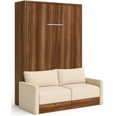 Lit escamotable vertical à tiroirs et canapé tissu VALENCIA Sans matelas Beige-90x190-Canapé Beige-Structure Noyer (1/5)