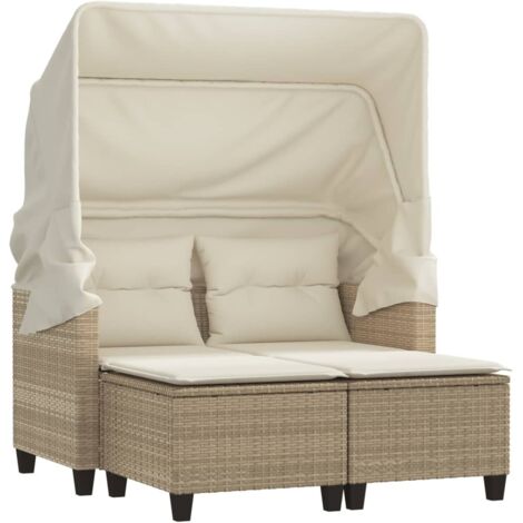 Canapé de jardin 2 places avec auvent et tabourets beige rotin