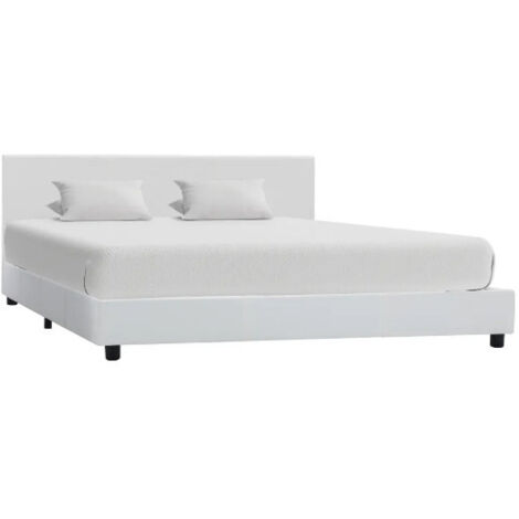 Lit adulte simili cuir blanc et pieds bois massif noir Nyam 160x200 (1/5)