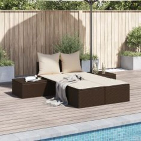 Chaise longue double avec coussins marron résine tressée (1/5)