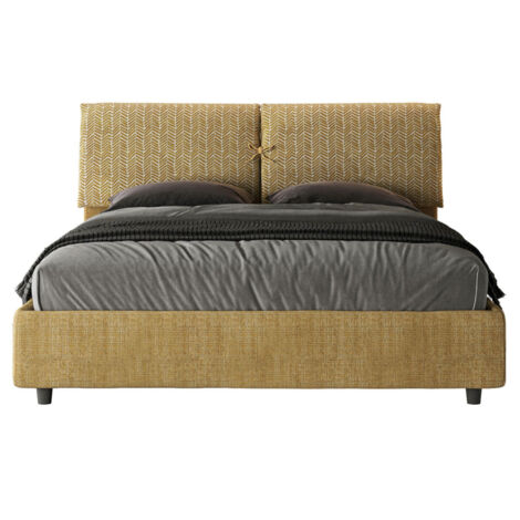 Lit double grands coussins tête de lit rembourré tissu tapissé Viena Sommier et coffre-Jaune moutarde-160x200-Option Sommier et coffre (1/5)