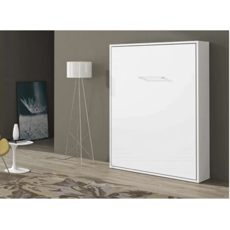 Lit escamotable vertical 140x200 Kola Blanc Matelas mousse 18 cm-Avec matelas-Cadre Blanc-Façade Anthracite (1/5)