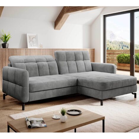 Canapé d'angle convertible velours avec coffre de rangement LORI angle droit-Gris clair-angle droit (1/5)