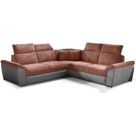 Canapé d’angle réversible convertible NEO en velours avec pieds en acier chromé – 266cm-Gris clair/Rouge tomette (1/5)
