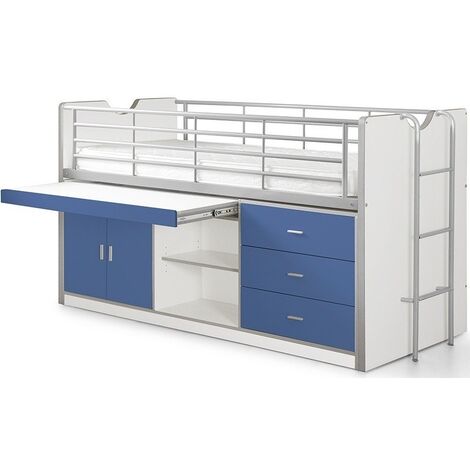 Lit combiné 90x200 avec sommier 1 bureau 3 tiroirs bois blanc et bleu Bonny