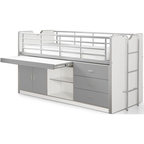 Lit combiné 90x200 avec sommier 1 bureau 3 tiroirs bois blanc et gris Bonny