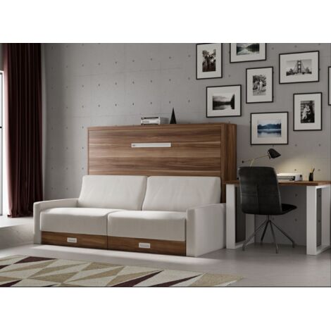 Lit escamotable horizontal avec canapé Vetal 140x190-Canapé Beige-Structure et Façade Chêne clair (1/5)