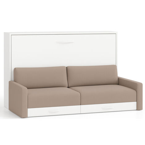 Lit escamotable horizontal avec canapé Vetal 140x190-Canapé Beige-Structure et Façade Blanche (1/5)