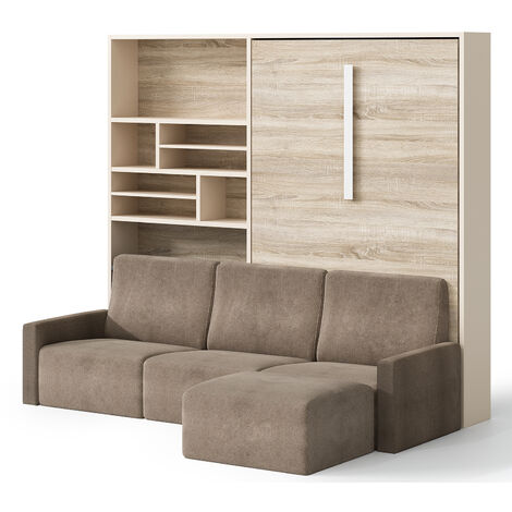 Les Tendances – Lit escamotable vertical 140x190 cm avec bibliothèque et canapé d'angle – Structure en chêne clair – Tissu imperméable 100% polyester - 140x190-Canap
