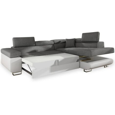 Cotecosy – Canapé d'angle droit convertible 275 cm – Tissu gris et simili cuir blanc – Têtières relevables – Surface de couchage 125 x 193 cm