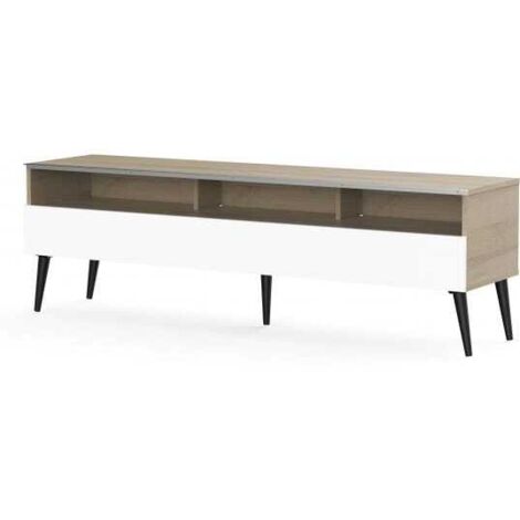 Meuble TV 1 porte 3 niches bois clair et blanc Solna 160 cm (1/5)