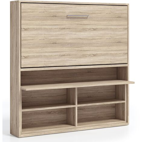Lit escamotable horizontal 90x180 avec rangement et bureau Laura-1 matelas 90x180cm-Coffrage Blanc-Façade Noir (1/5)