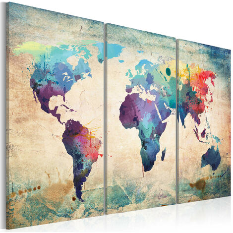 Tableau triptyque carte du monde couleur bois - 90x60 cm