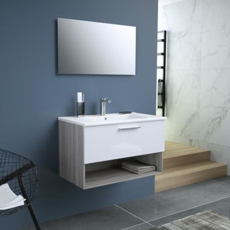 BENTO Salle de bain simple vasque + miroir L 80 cm - 1 tiroir a fermeture ralentie - Blanc (1/4)