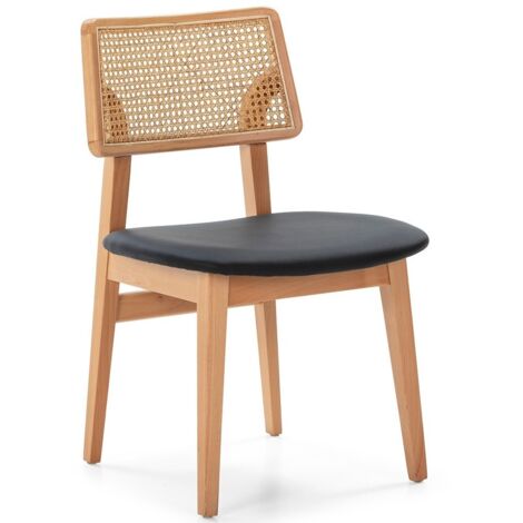 Chaise bois massif avec cuir et rotin naturel Mamy (1/5)