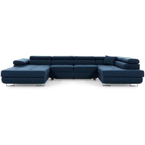 Canapé panoramique convertible ROMANO tissu - Rangement et appuie-têtes réglables à droite-Bleu-Coffre à droite