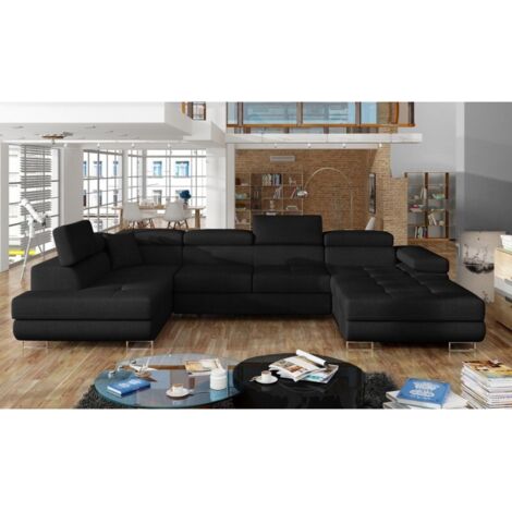 Canapé panoramique convertible ROMANO tissu - Rangement et appuie-têtes réglables à gauche-Noir-Coffre à gauche