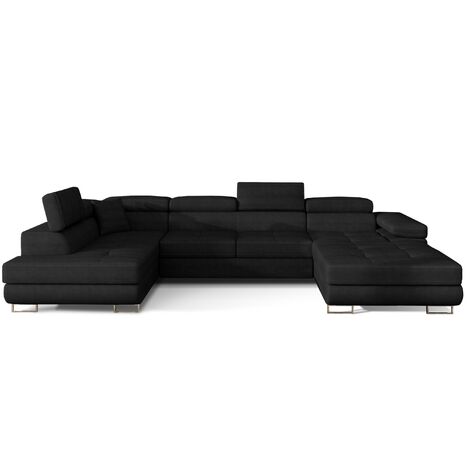 Canapé panoramique convertible ROMANO velours - Rangement et appuie-têtes réglables à droite-Noir-Coffre à droite