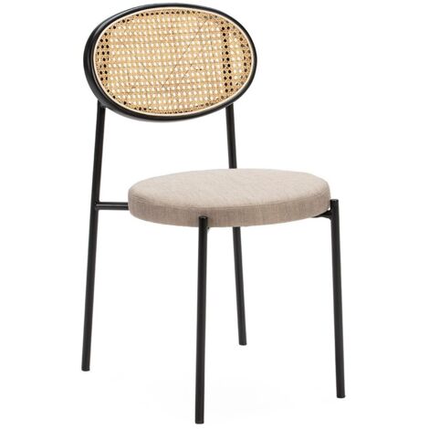 Chaise tissu gris avec rotin naturel et métal noir Hery (1/4)