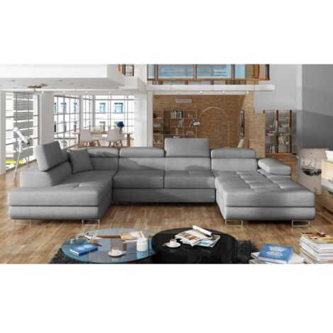 Canapé panoramique convertible ROMANO tissu - Rangement et appuie-têtes réglables à gauche-Gris perle-Coffre à gauche