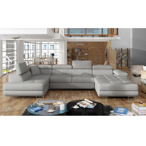 Canapé panoramique convertible ROMANO tissu - Rangement et appuie-têtes réglables à gauche-Gris clair-Coffre à gauche