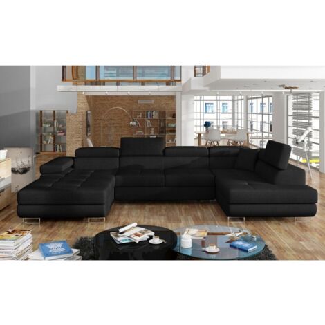 Canapé panoramique convertible ROMANO tissu - Rangement et appuie-têtes réglables à droite-Noir-Coffre à droite