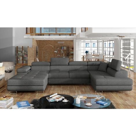 Canapé panoramique convertible ROMANO tissu - Rangement et appuie-têtes réglables à droite-Gris foncé-Coffre à droite