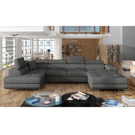 Canapé panoramique convertible ROMANO tissu - Rangement et appuie-têtes réglables à gauche-Gris foncé-Coffre à gauche