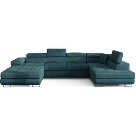 Les Tendances – Canapé panoramique convertible velours hydrofuge – Rangement sous méridienne – Têtières réglables – Dimensions 345x202cm – Coffre à droite (1/5)