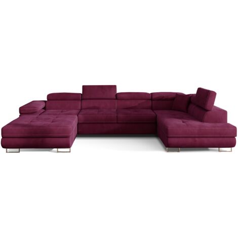 Les Tendances – Canapé panoramique convertible velours – Rangement sous méridienne – 4 têtières réglables – Dimensions 345x202cm – Couleur prune