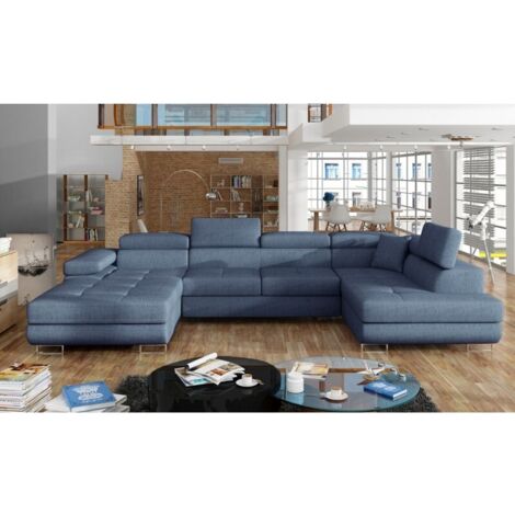 Canapé panoramique convertible ROMANO tissu - Rangement et appuie-têtes réglables à droite-Bleu charrette-Coffre à droite