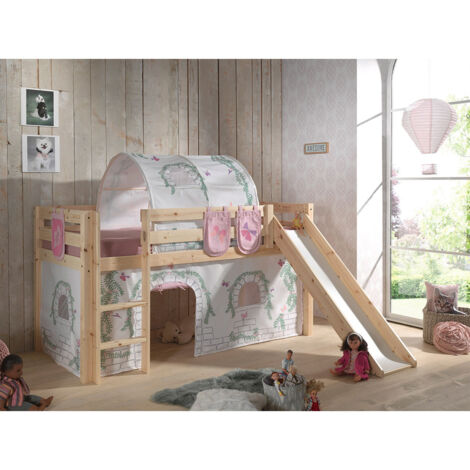 Lit Mi-Hauteur 90x200 avec Toboggan Sommier Inclus et Housse Birdy Vipack Pino - Bois (1/5)
