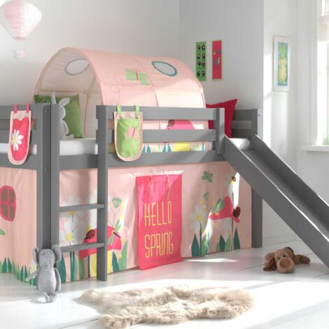 Lit toboggan 90x200 avec tente tunnel et 3 pochettes printemps pin massif gris Pino (1/5)