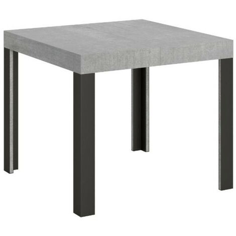 Petite table carrée 90/90 cm extensible 10 personnes 90 à 246 cm gris béton et pieds métal gris foncé Liva (1/5)