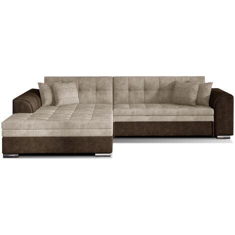 Les Tendances – Canapé d'angle convertible tissu – 4 places – Mécanisme Dolphin – Surface de couchage 262 x 128 cm – Marron/Beige – Pieds métal chromé