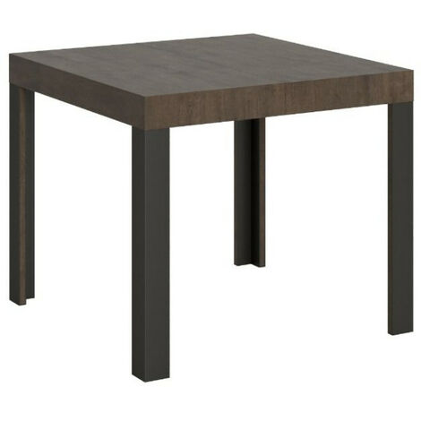 Petite table carrée 90/90 cm extensible 10 personnes 90 à 246 cm bois foncé et pieds métal gris foncé Liva (1/5)
