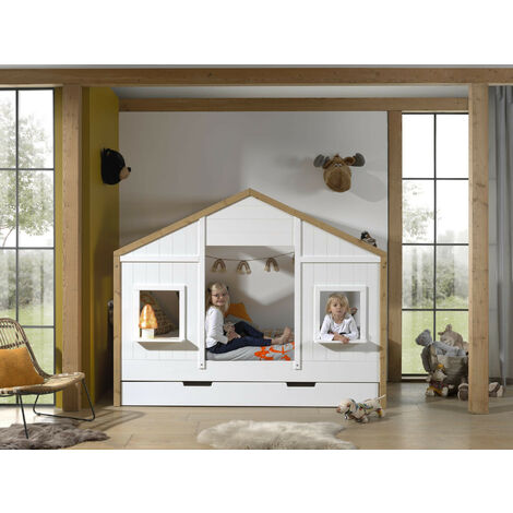 Lit cabane panda 90x190 + 1 sommier + barrière - Conforama