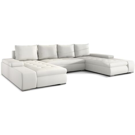 Les Tendances – Canapé panoramique convertible en simili cuir anti-taches – 6 places – Rangement intégré – Dimensions L 363 x P 200 x H 88 cm – Pieds en acier brossé