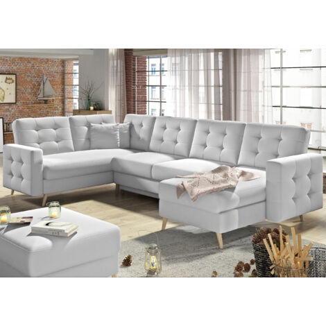 Les Tendances – Canapé panoramique convertible capitonné simili cuir blanc 320cm – Méridienne réversible – Surface de couchage 120x282cm – Fabrication européenne